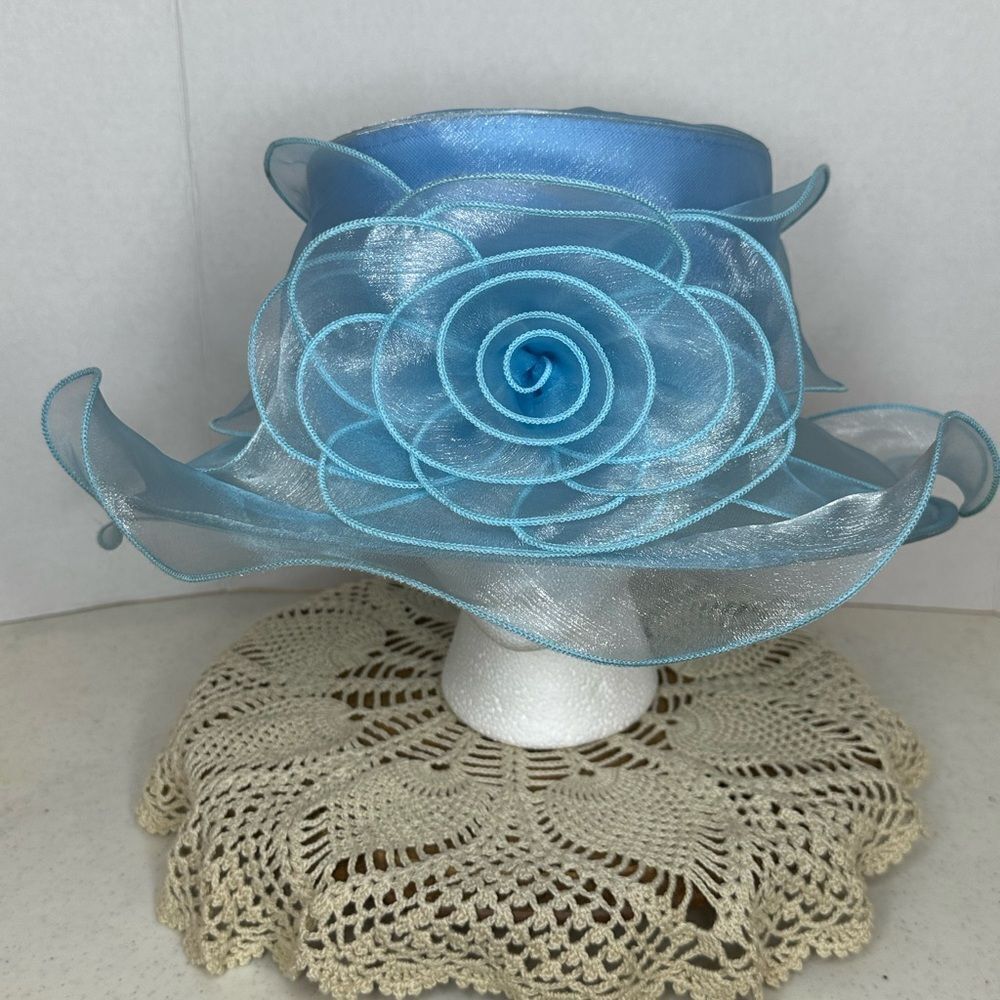 Vintage Giovanna Blue Shimmery 3D Floral Mesh Derby Hat